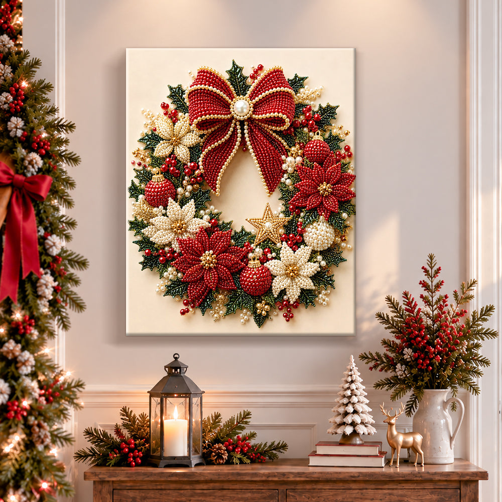 Finished luxury christmas wreath with big bow pearl diamond painting artwork displayed as holiday home decor