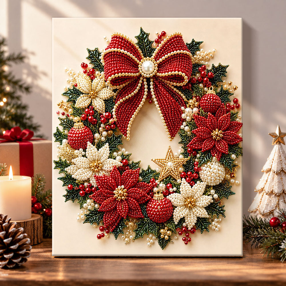 Luxury christmas wreath with big bow pearl diamond painting kit for beginners