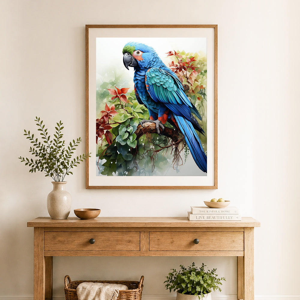 Finished macaw wildlife painting cross stitch artwork displayed as home decor