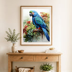 Finished macaw wildlife painting cross stitch artwork displayed as home decor