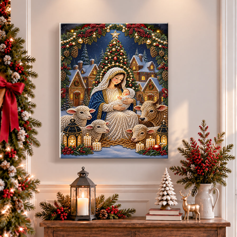 Finished madonna and child christmas nativity pearl diamond painting artwork displayed as holiday home decor