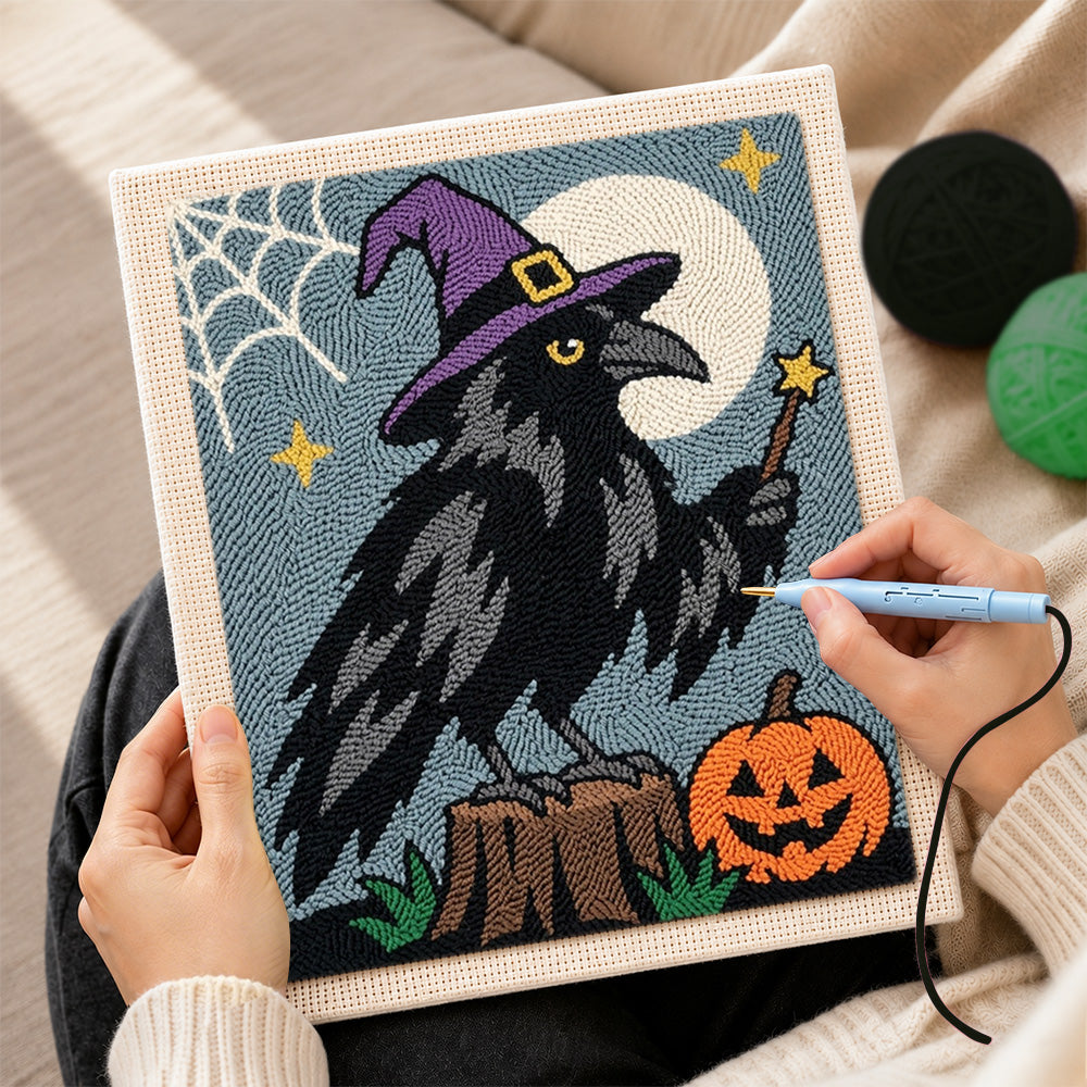 Creating handmade magic crow with witch hat punch needle artwork