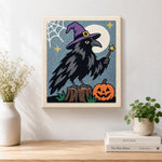 Finished magic crow with witch hat artwork displayed on a wall