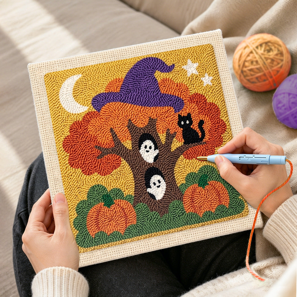 Creating handmade magic halloween tree with ghosts punch needle artwork