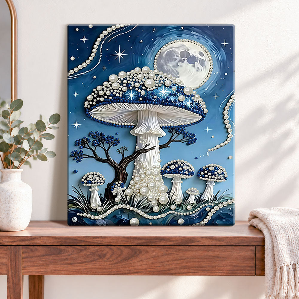 Finished magic mushroom under full moon pearl diamond painting artwork displayed as home decor