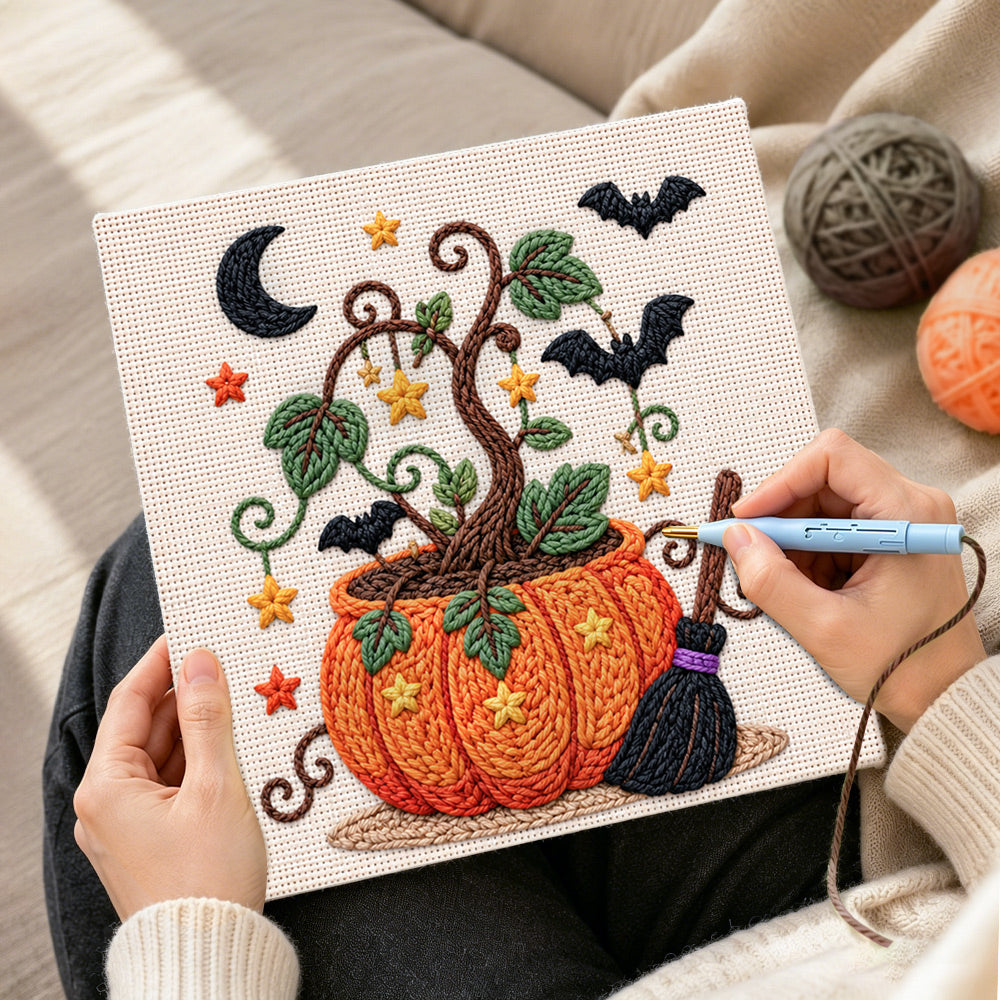 Creating handmade magic pumpkin pot punch needle artwork