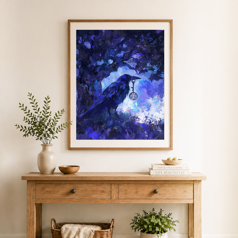 Finished magic raven with key cross stitch artwork displayed as home decor