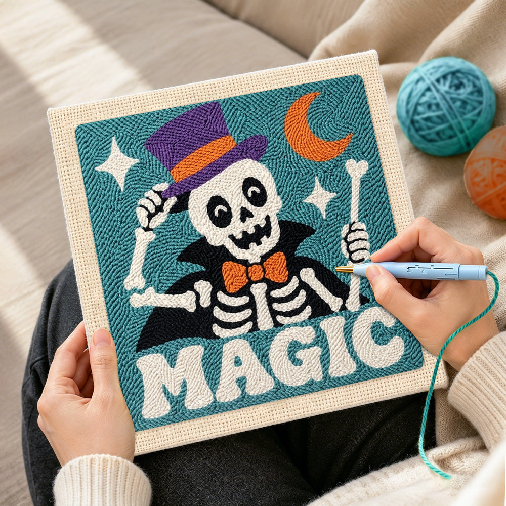Creating handmade magic top hat skeleton punch needle artwork