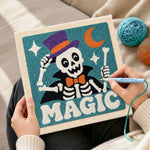 Creating handmade magic top hat skeleton punch needle artwork