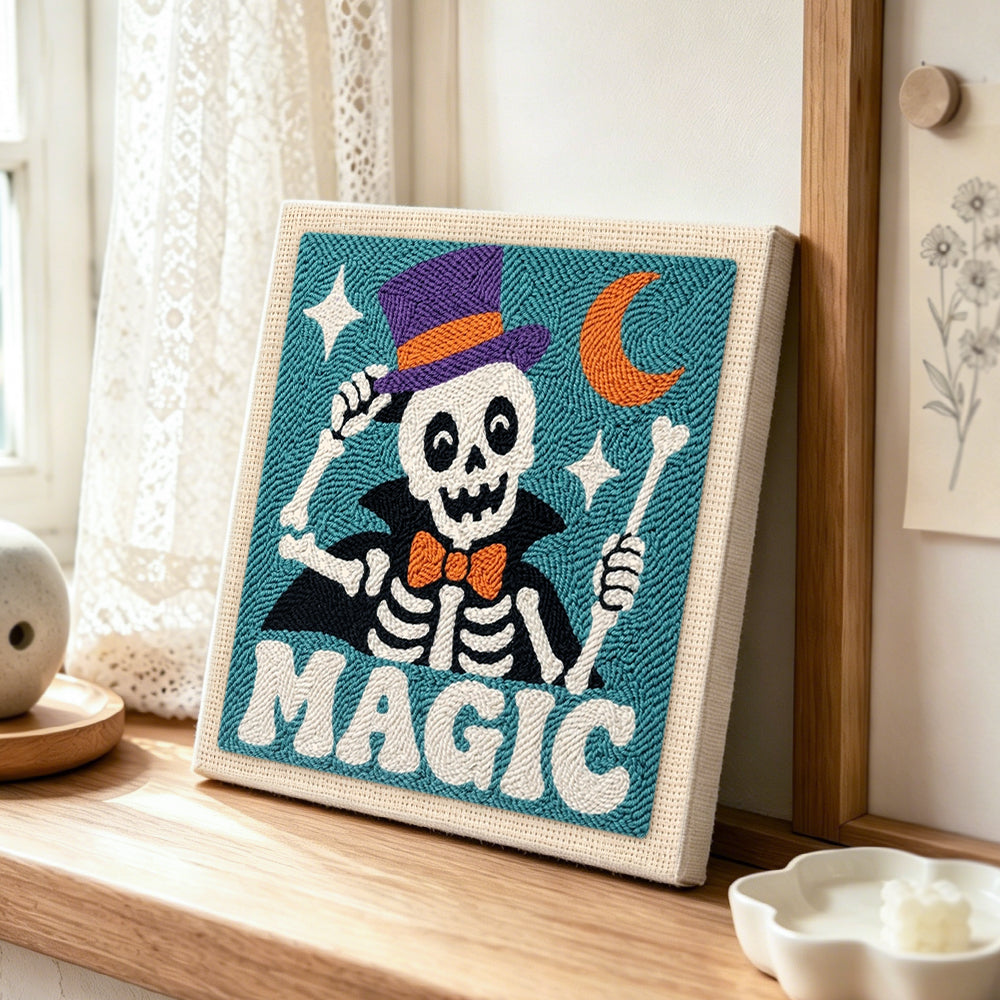 Magic top hat skeleton punch needle artwork displayed on a table