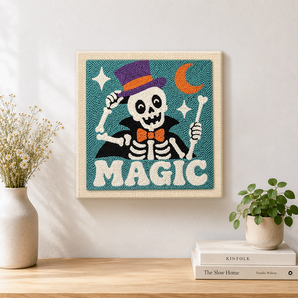 Finished magic top hat skeleton artwork displayed on a wall