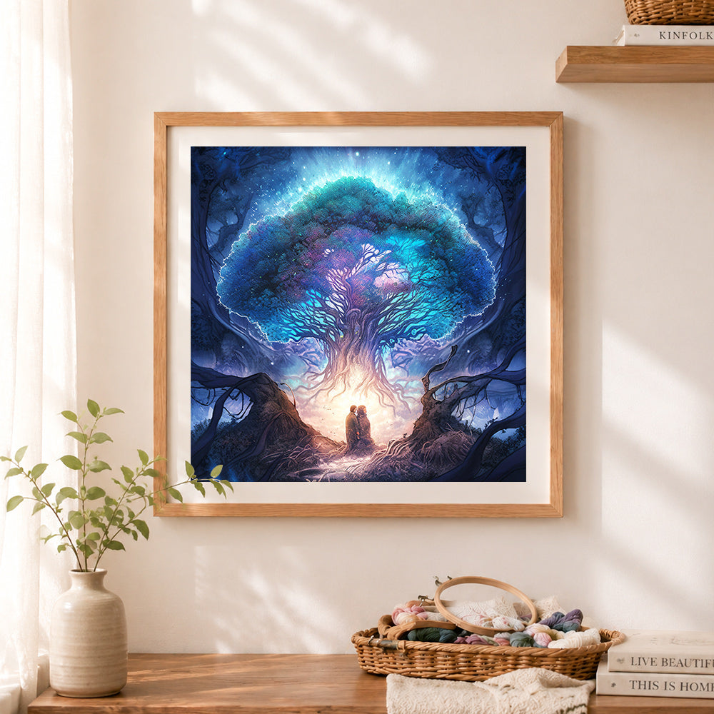 Finished magical ancient tree with glowing light cross stitch artwork displayed as home decor