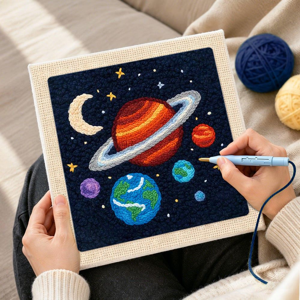 Creating handmade magical and colorful solar system punch needle artwork