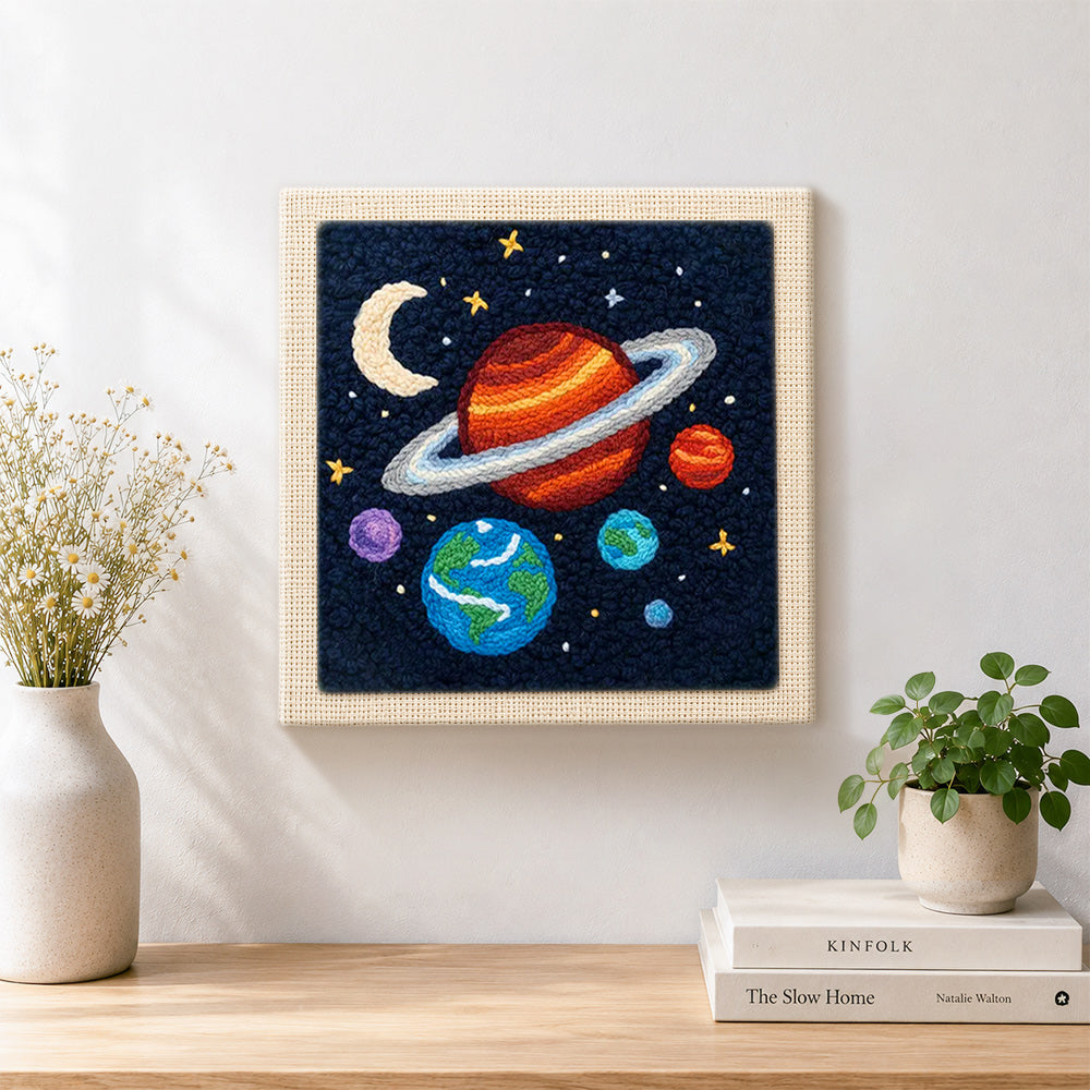 Finished magical and colorful solar system artwork displayed on a wall