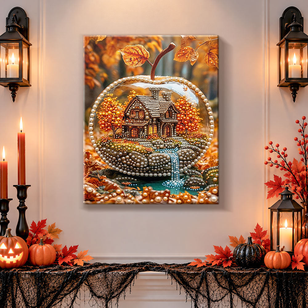 Finished magical apple shaped fall world pearl diamond painting artwork displayed as holiday home decor