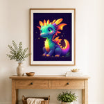 Finished magical baby dragon cross stitch artwork displayed as home decor
