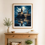 Finished magical castle moonlight cross stitch artwork displayed as home decor