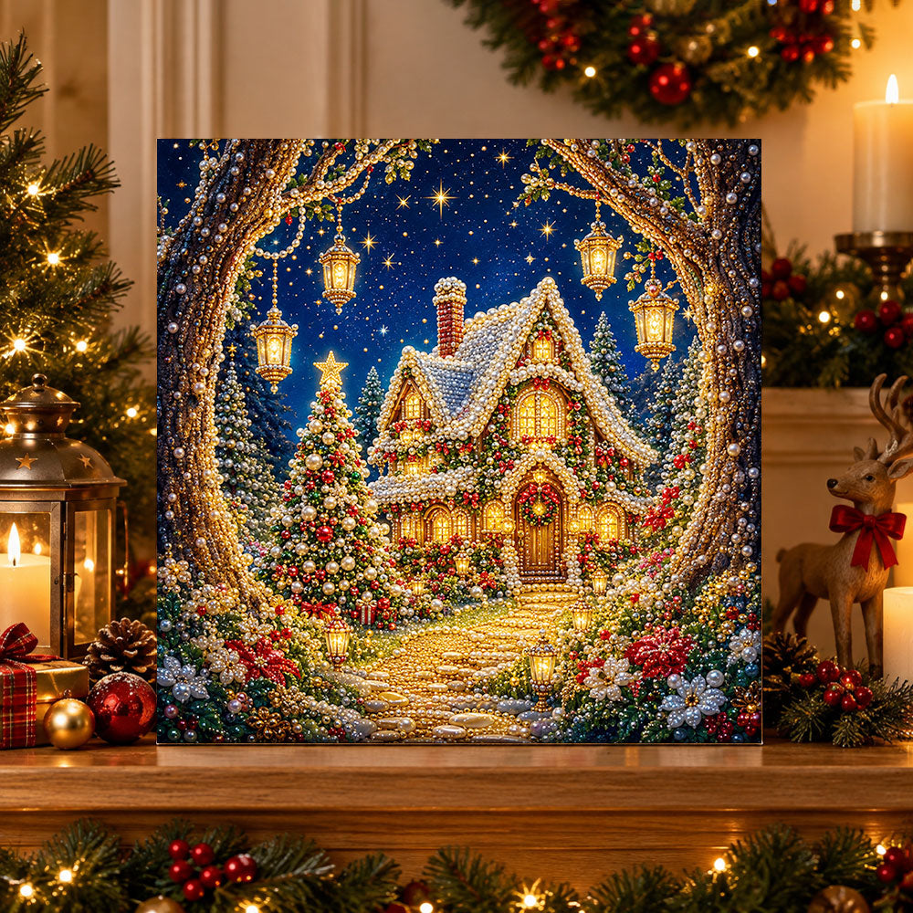 Finished magical christmas cottage pearl diamond painting artwork displayed as holiday home decor