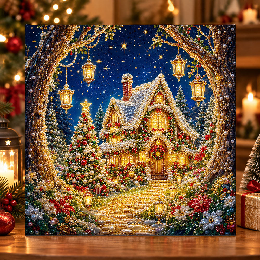 Magical christmas cottage pearl diamond painting kit for beginners