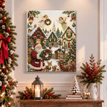 Finished magical christmas snow village pearl diamond painting artwork displayed as holiday home decor