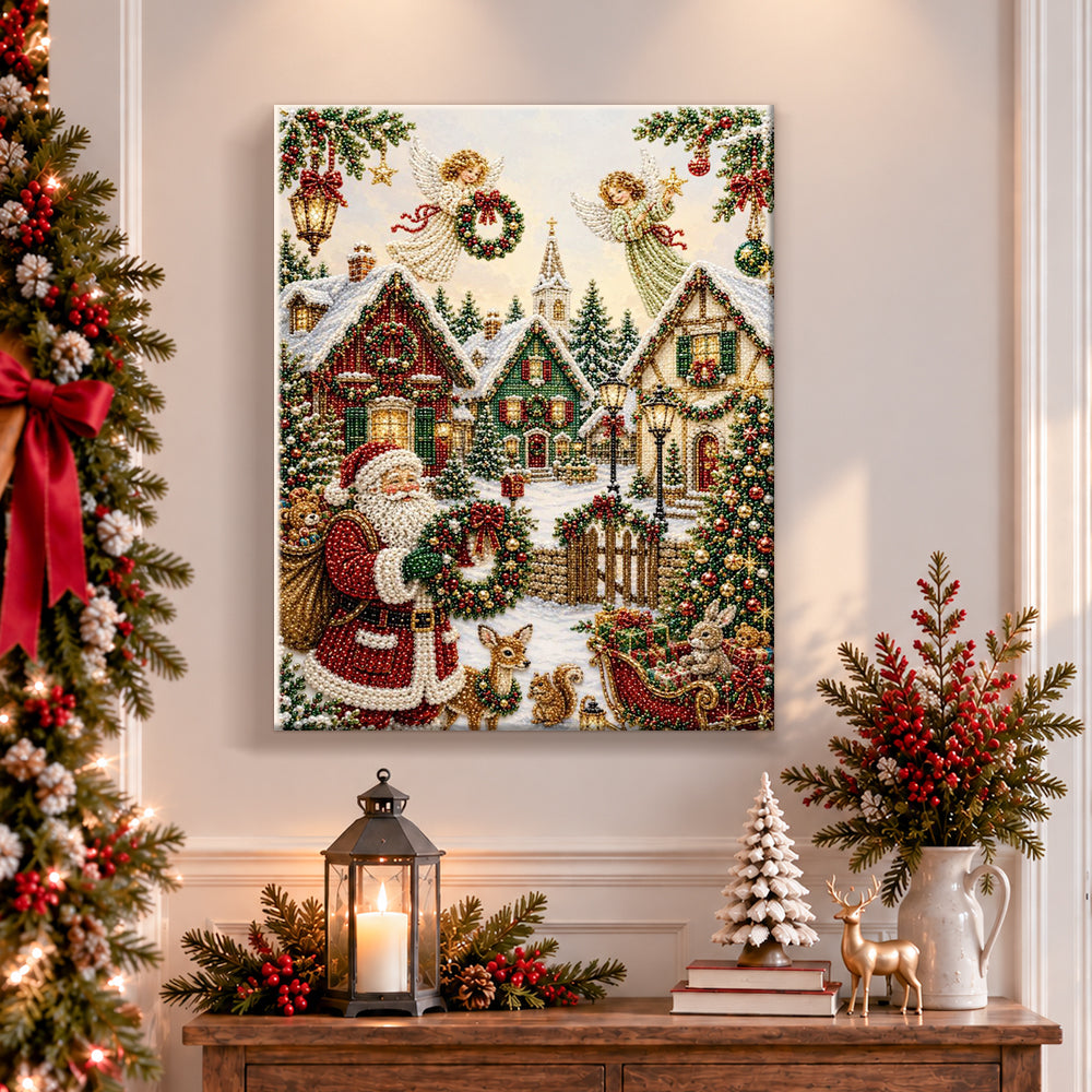 Finished magical christmas snow village pearl diamond painting artwork displayed as holiday home decor