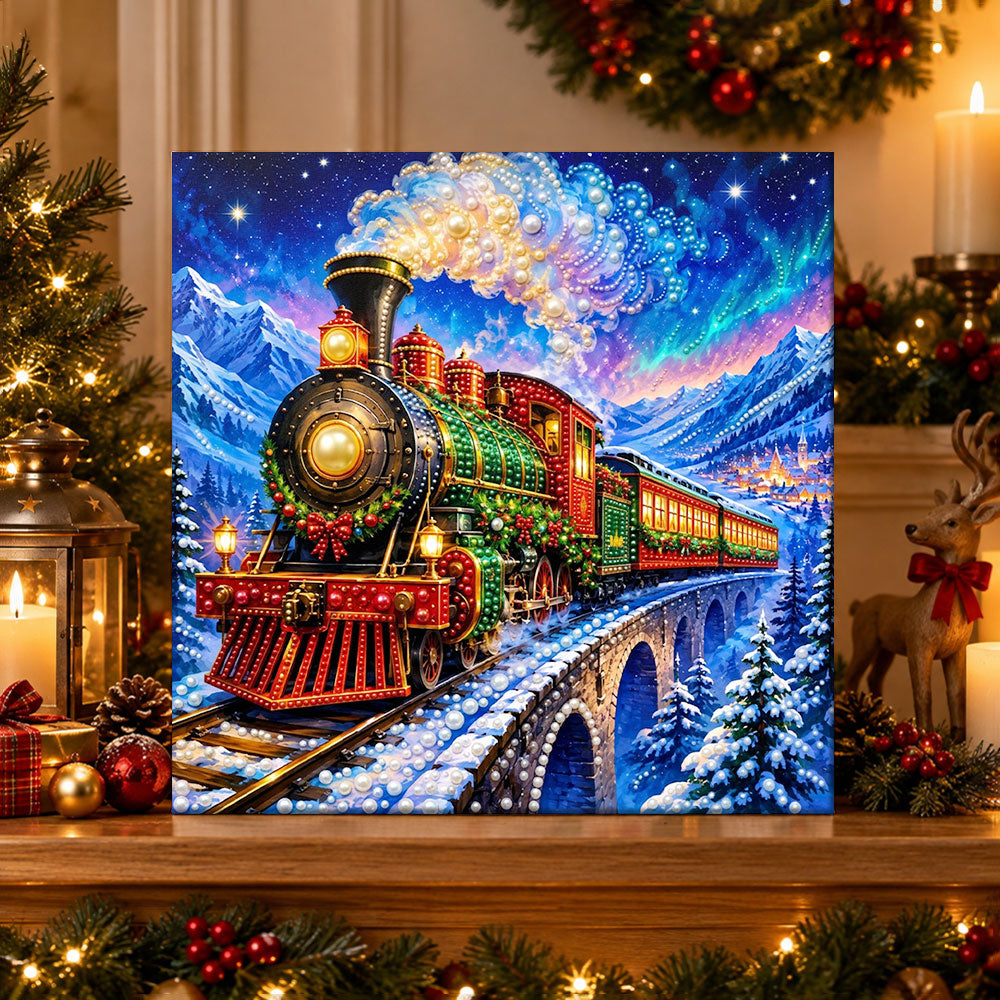 Finished magical christmas steam train pearl diamond painting artwork displayed as holiday home decor