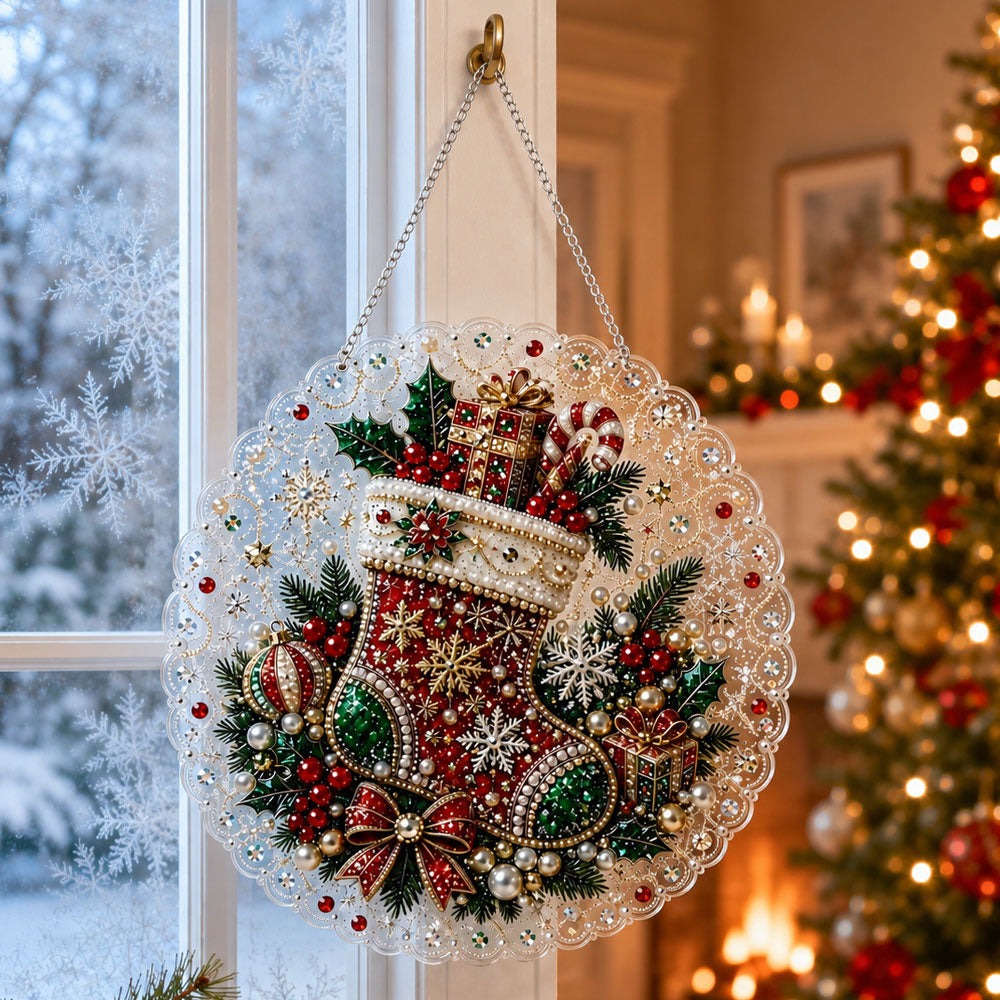 Finished magical christmas stocking pearl diamond painting artwork displayed as holiday home decor