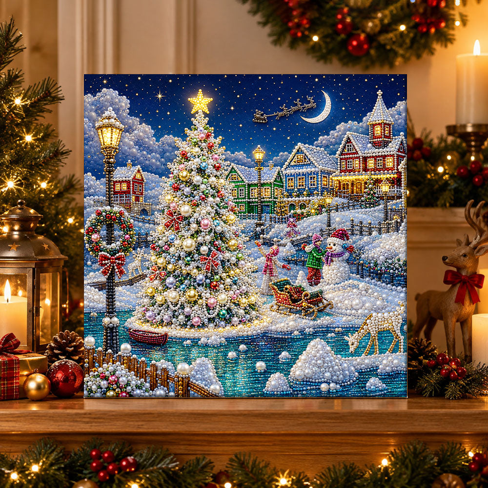 Finished magical christmas town pearl diamond painting artwork displayed as holiday home decor
