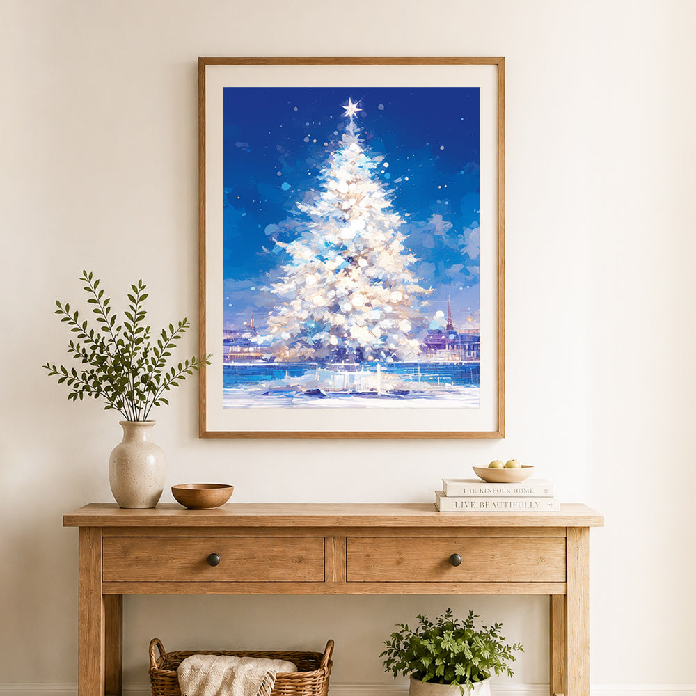 Finished magical christmas tree cross stitch artwork displayed as home decor