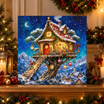 Finished magical christmas treehouse pearl diamond painting artwork displayed as holiday home decor