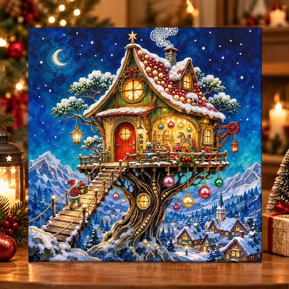 Magical christmas treehouse pearl diamond painting kit for beginners