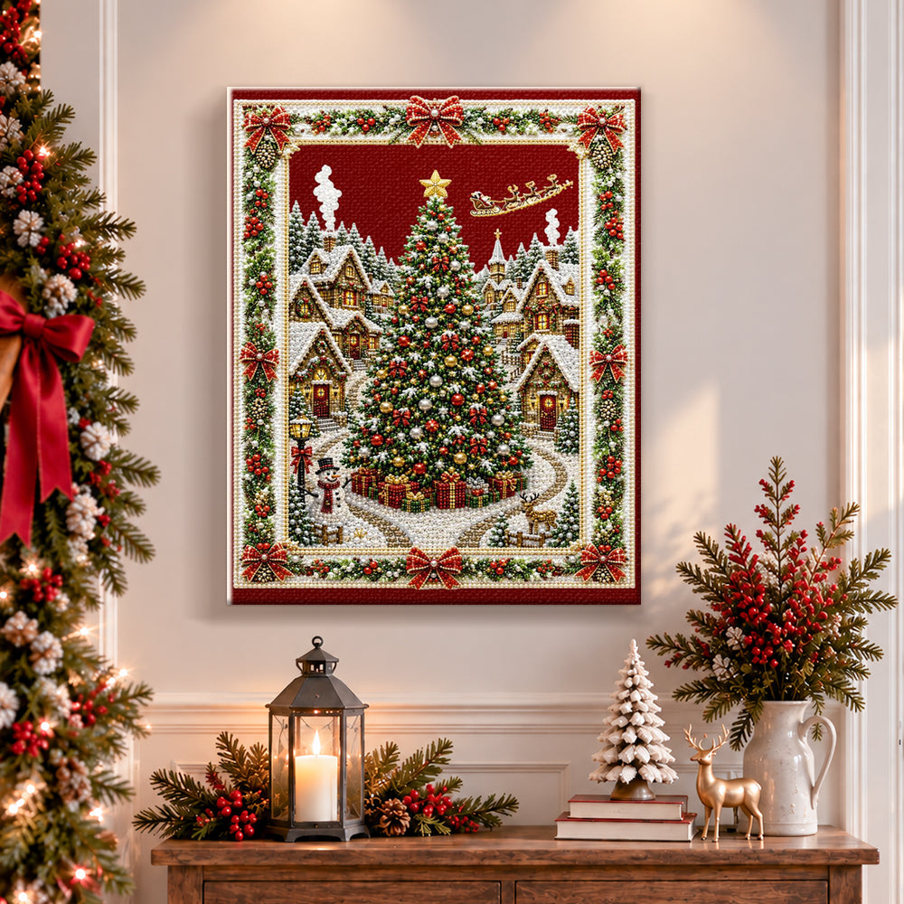 Finished magical christmas winter village pearl diamond painting artwork displayed as holiday home decor