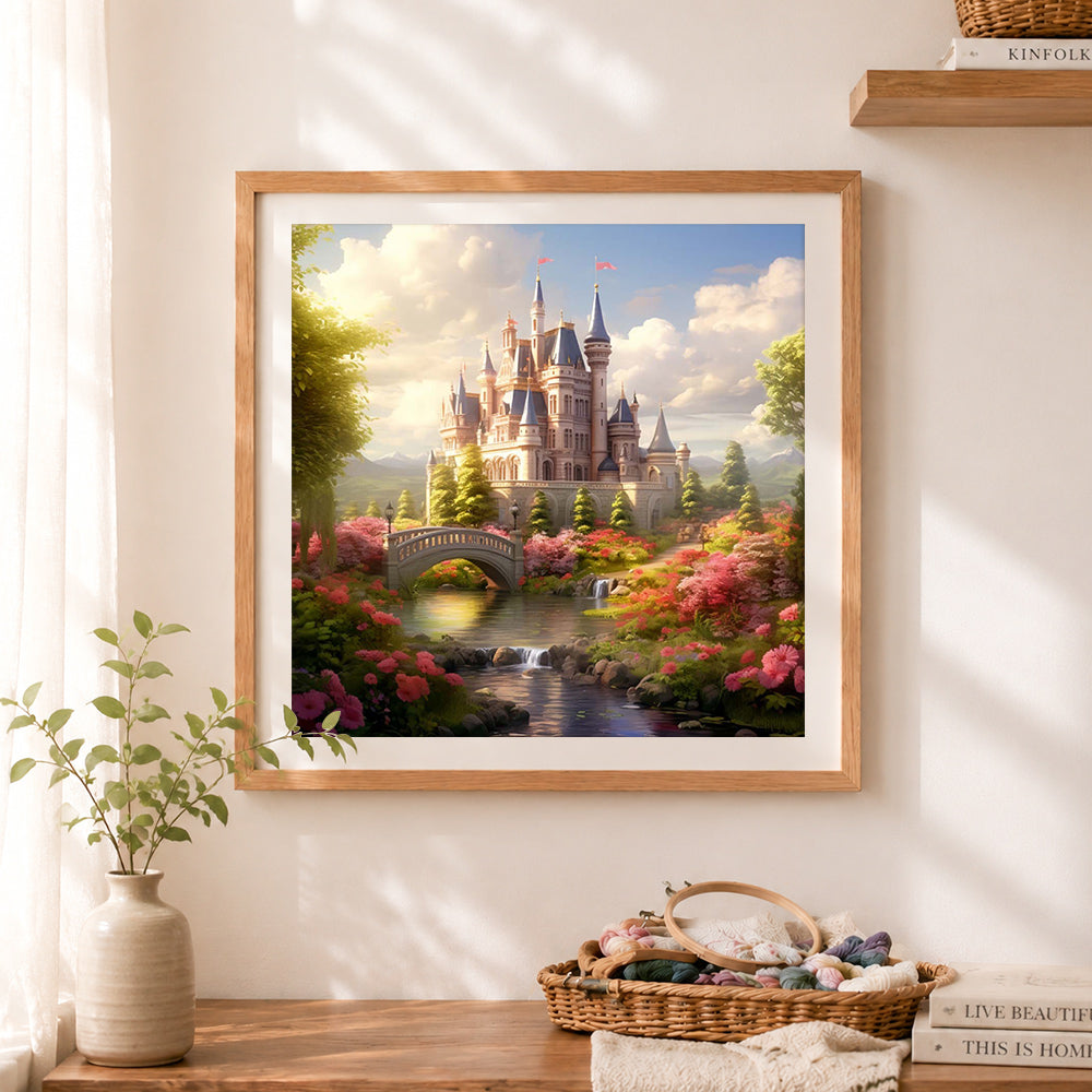 Finished magical fairytale castle cross stitch artwork displayed as home decor