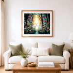 Finished magical forest deer cross stitch artwork displayed as home decor