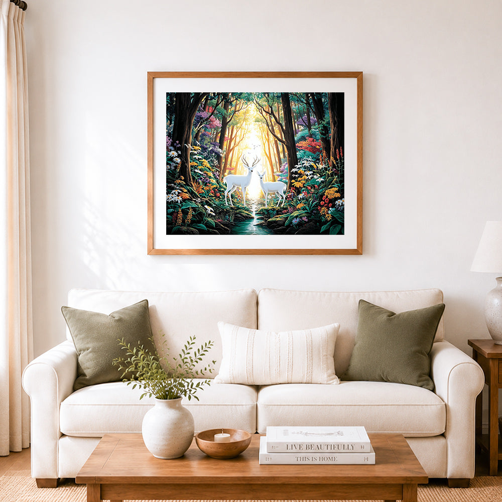 Finished magical forest deer cross stitch artwork displayed as home decor