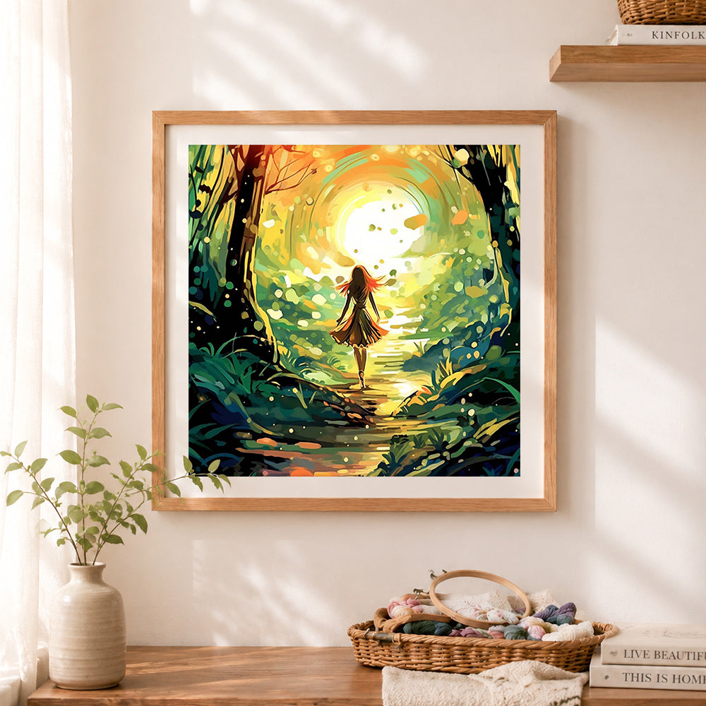 Finished magical forest journey cross stitch artwork displayed as home decor