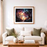 Finished magical forest path with sky lanterns cross stitch artwork displayed as home decor