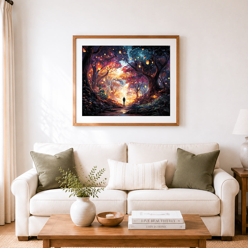 Finished magical forest path with sky lanterns cross stitch artwork displayed as home decor