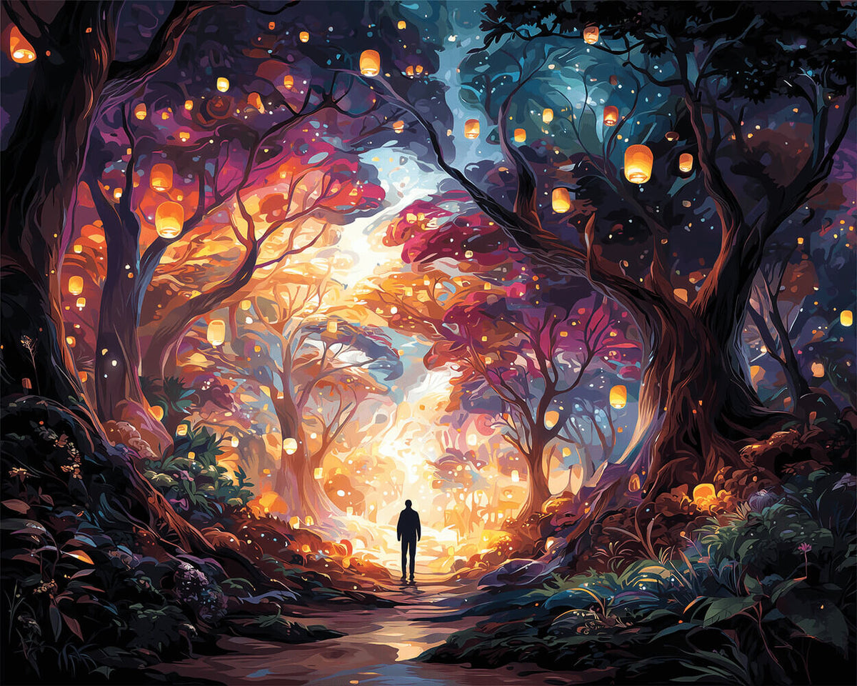 Magical forest path with sky lanterns cross stitch kit for beginners