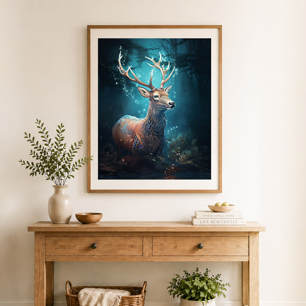 Finished magical forest stag cross stitch artwork displayed as home decor
