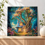 Finished magical forest treehouse under crescent moon pearl diamond painting artwork displayed as holiday home decor
