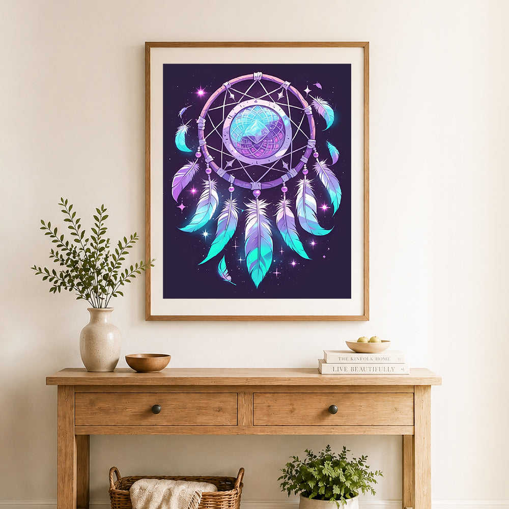 Finished magical galaxy dreamcatcher cross stitch artwork displayed as home decor
