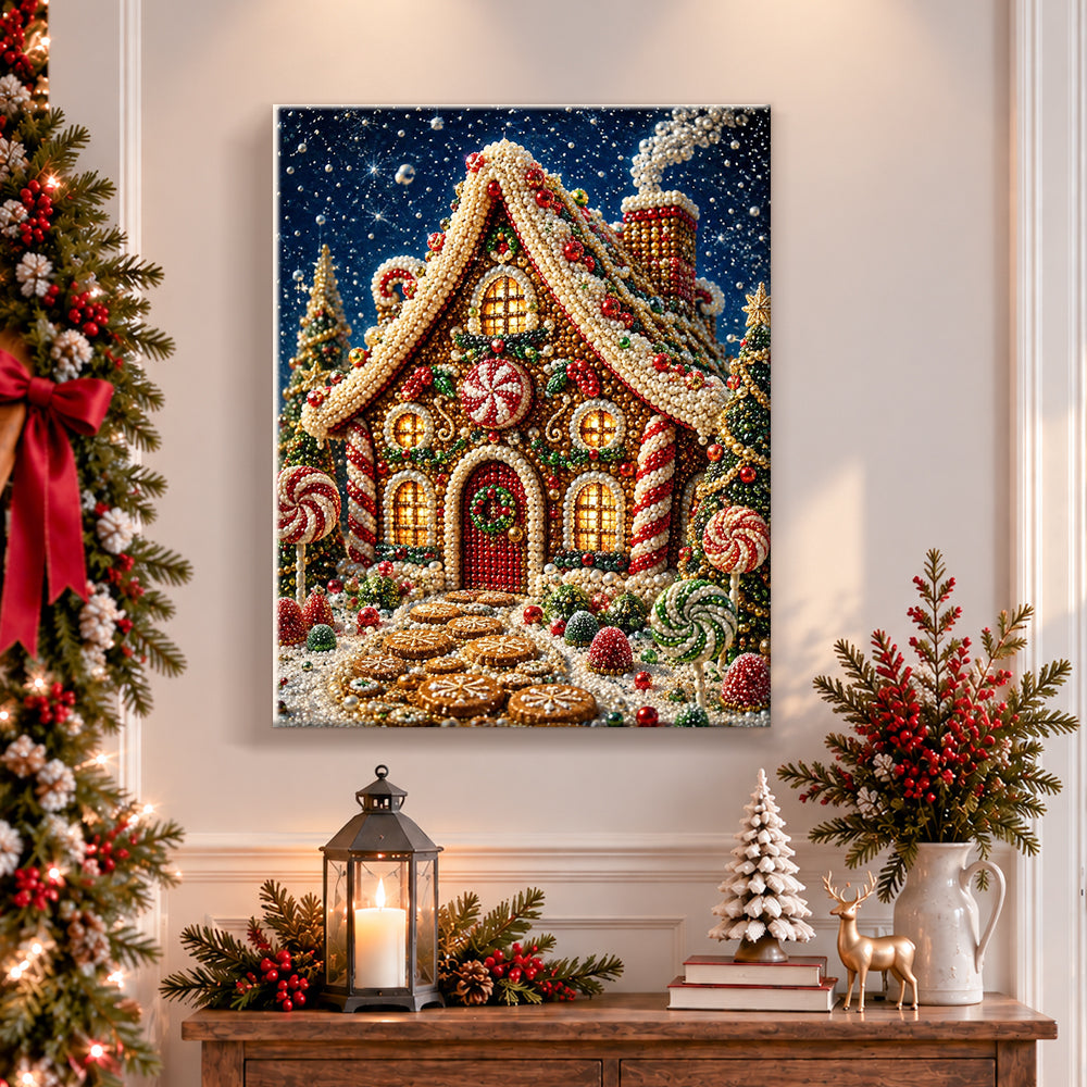Finished magical gingerbread house pearl diamond painting artwork displayed as holiday home decor