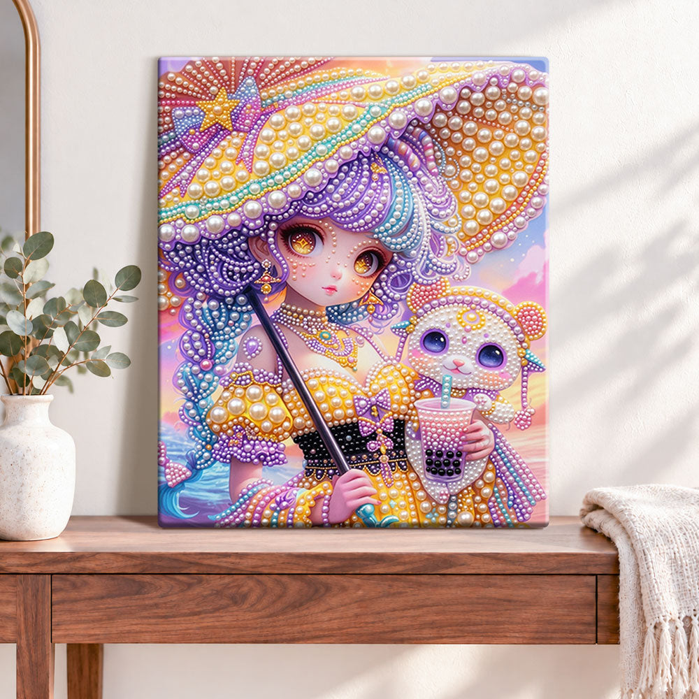 Finished magical girl companion pearl diamond painting artwork displayed as home decor