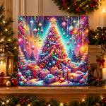 Finished magical glowing christmas tree pearl diamond painting artwork displayed as holiday home decor