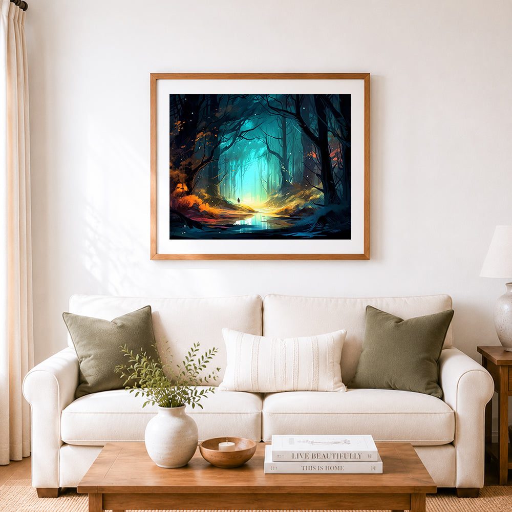 Finished magical glowing forest path cross stitch artwork displayed as home decor