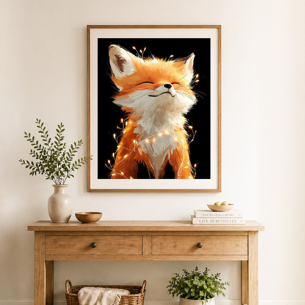Finished magical glowing fox cross stitch artwork displayed as home decor