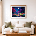 Finished magical moonlit forest stream cross stitch artwork displayed as home decor