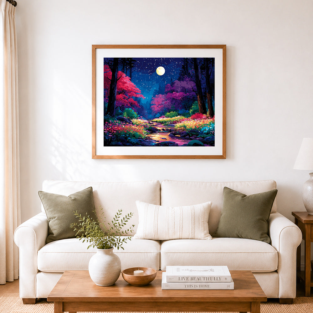 Finished magical moonlit forest stream cross stitch artwork displayed as home decor