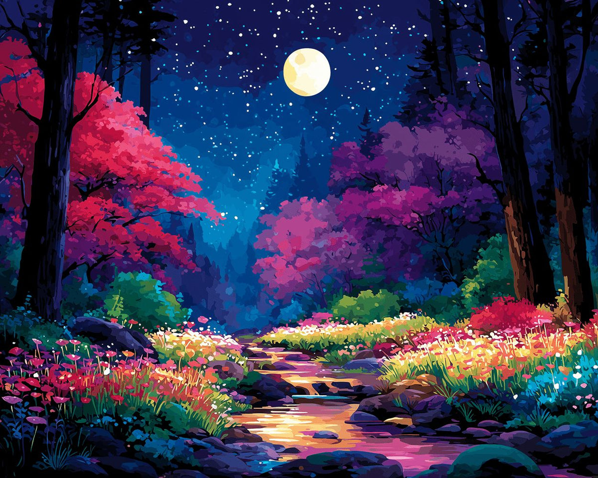 Magical moonlit forest stream cross stitch kit for beginners